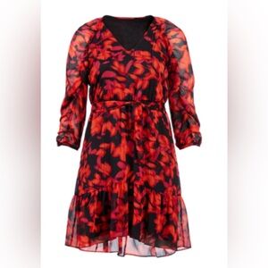 Calvin Klein Red and Black Floral Long Sleeve Dress